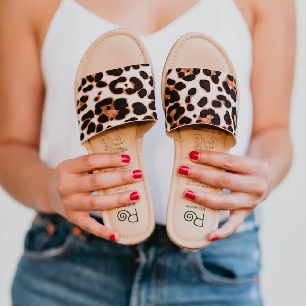 Rollasole Leopard Print Slides Sandals Women's Size Small 5.5-6.5 Flats NWT